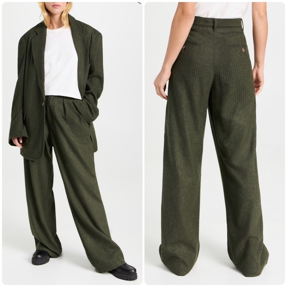 Denimist Womens Dark Olive Wool Blend Double Pleat Wide Leg Trouser Pants 30